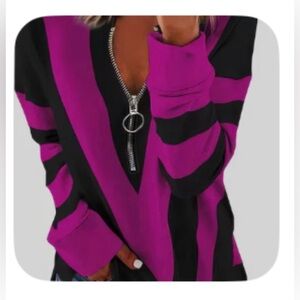 NWOT Stylish Purple and Black Women's V neck Zipper Top